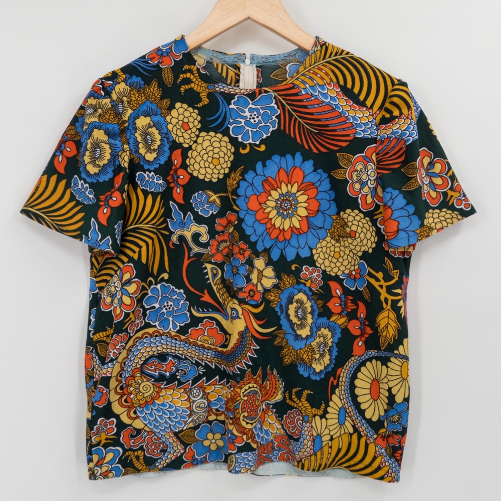 Vintage Dragon Floral Mod Top Womens L Colorful 70s Asian Print Psychedelic